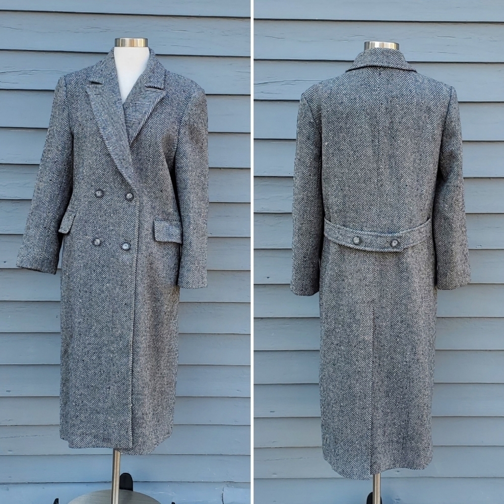 Vintage 80s Pendleton Blue Black Gray Barleycorn Tweed Wool Trench Coat 12‎ - Picture 8 of 8